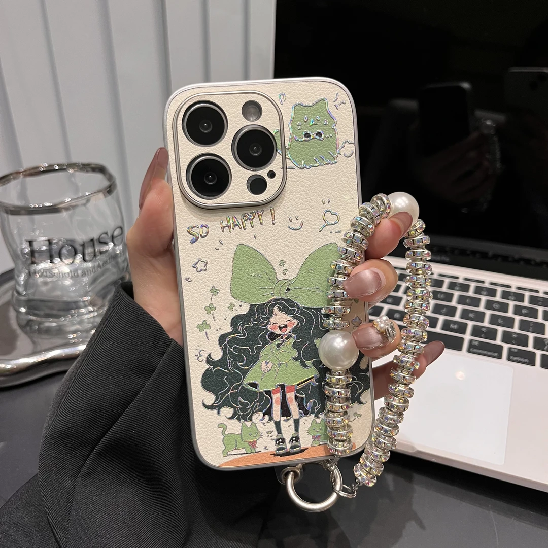 蝴蝶结女孩适用于苹果15华为镭射描边时尚小米金属漆小羊皮铂金系