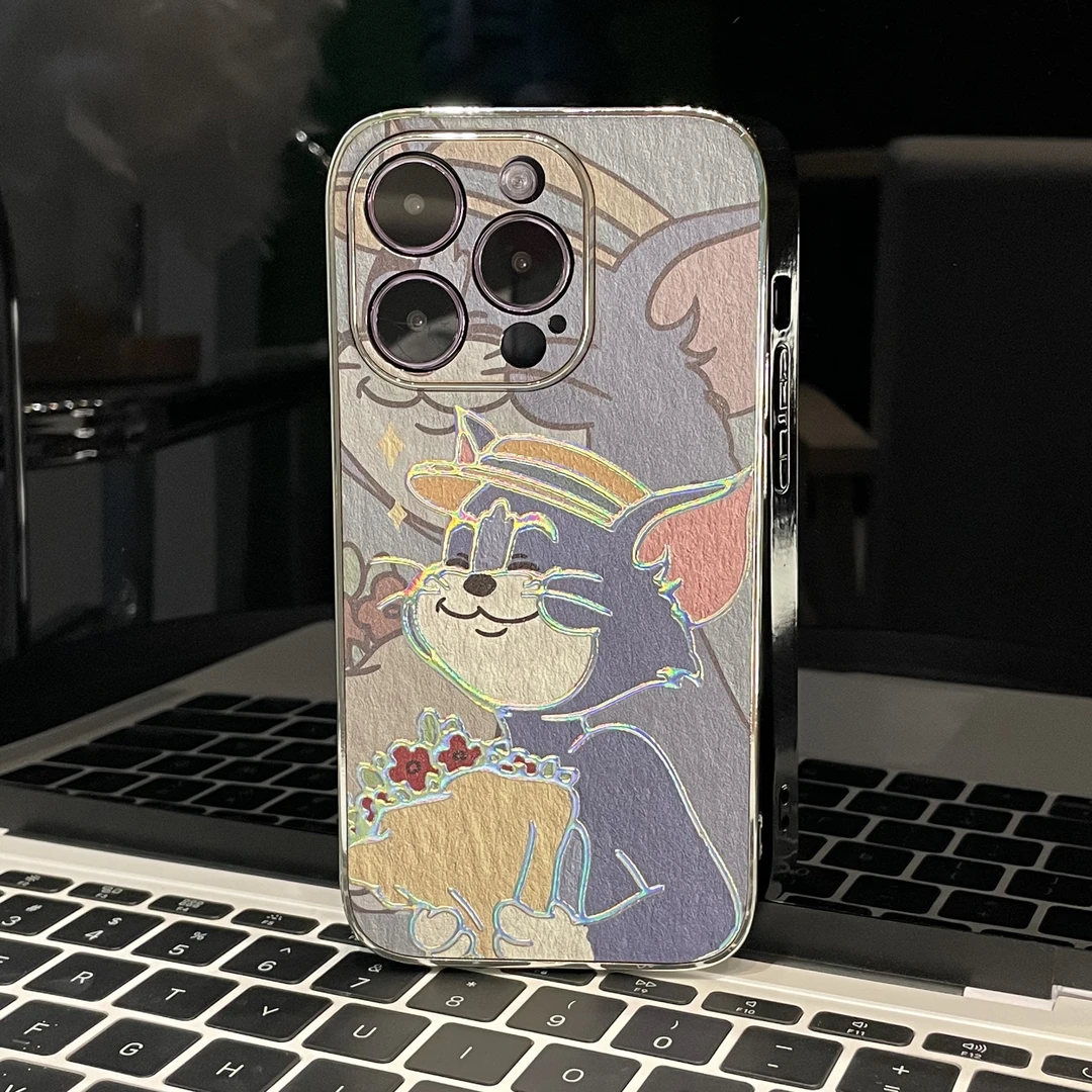 汤姆猫适用于苹果15华为镭射描边时尚小米金属漆小羊皮铂金系