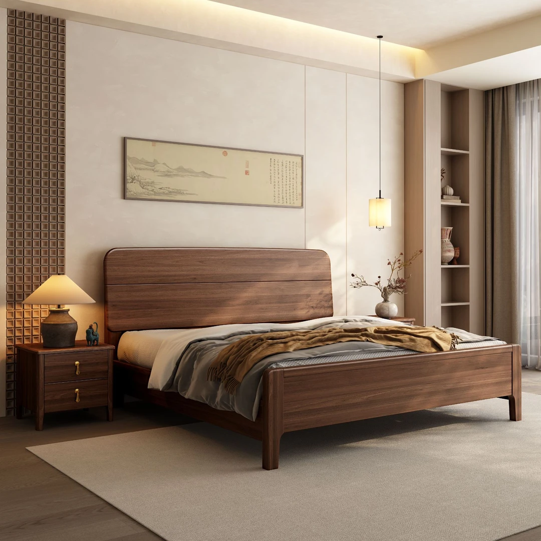 南美胡桃木实木床1.8米双人现代简约北欧风小户型1.5米主卧大床