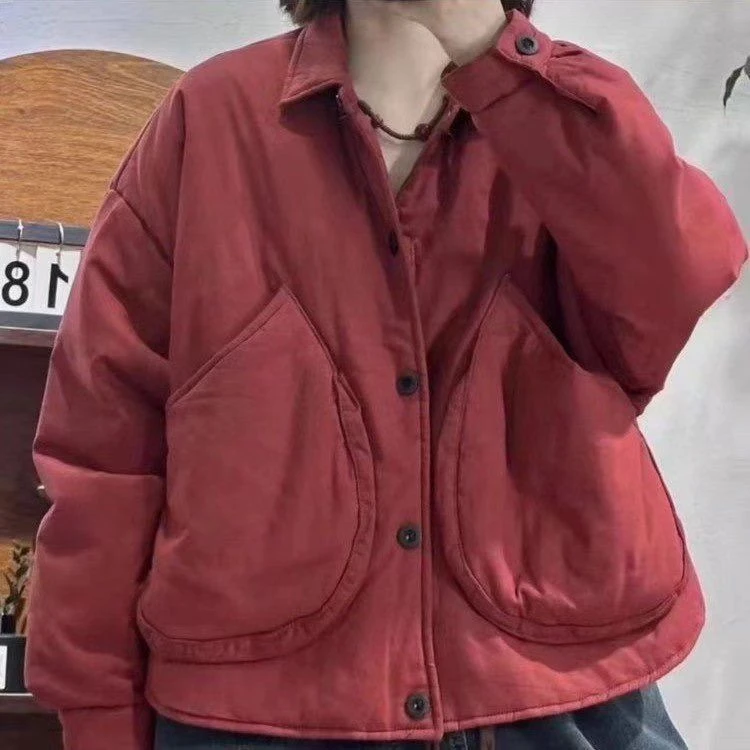 秋冬新款棉服大口袋宽松百搭休闲文艺纯色加厚外套