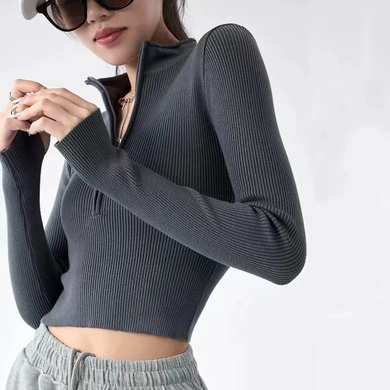螺纹针织衫女2024春秋新款修身拉链长袖显瘦百搭打底黑色工装裤