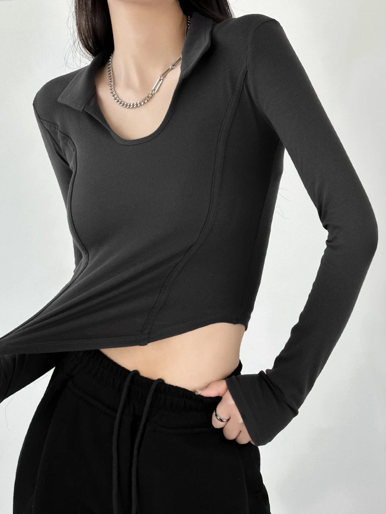 辣妹显瘦弧形长袖T恤短款修身宽松上衣灰色白色韩版爆款洋气正肩