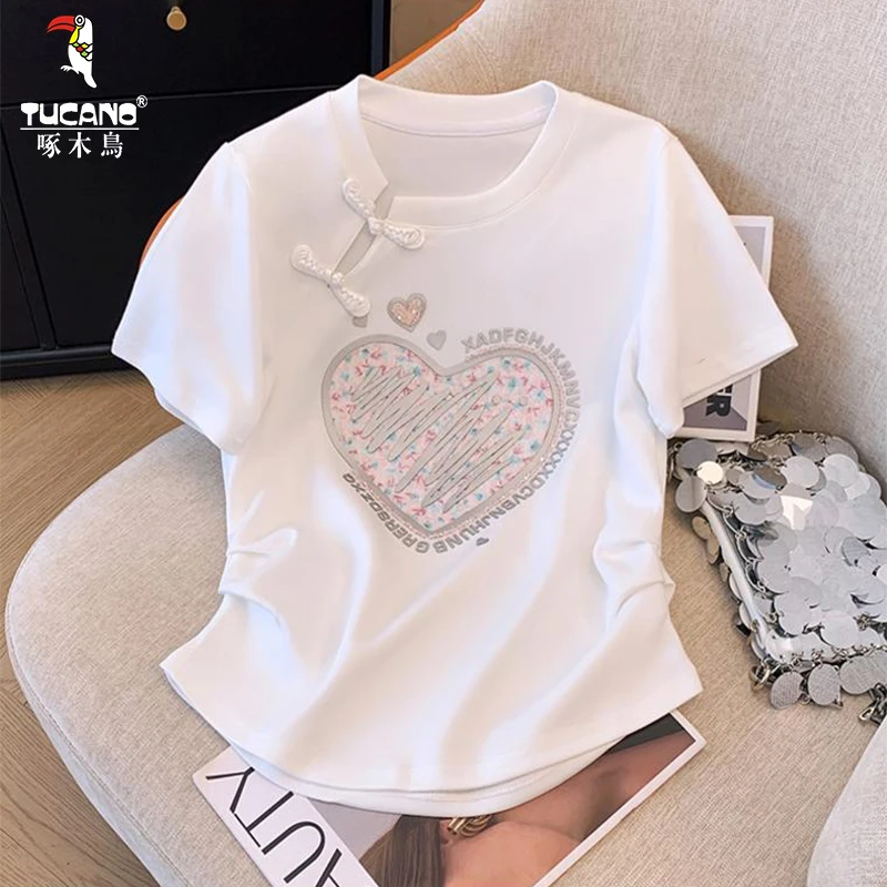 啄木鸟夏季新款国风盘扣收腰显瘦女上衣洋气设计感短袖女t恤百搭