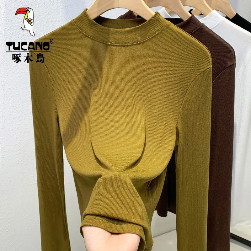 啄木鸟早秋螺纹小立领女长袖t恤春秋打底衫女内搭洋气显瘦体恤衫