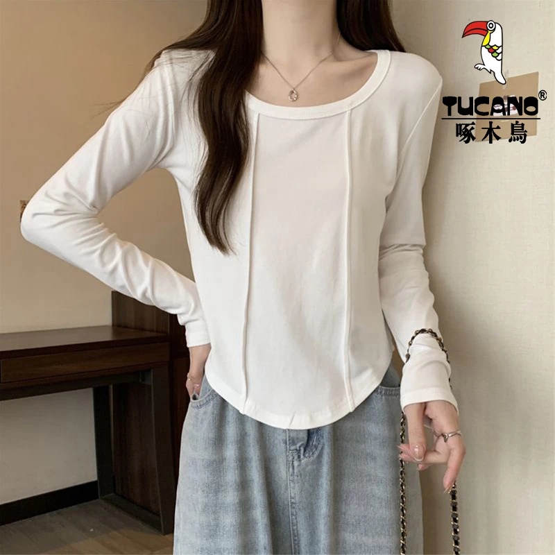 啄木鸟秋季新款纯色圆领长袖t恤洋气百搭上衣女修身显瘦春秋外穿