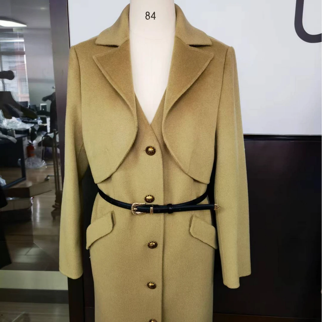 全羊毛真皮腰带长款大衣（腰带随机搭配）