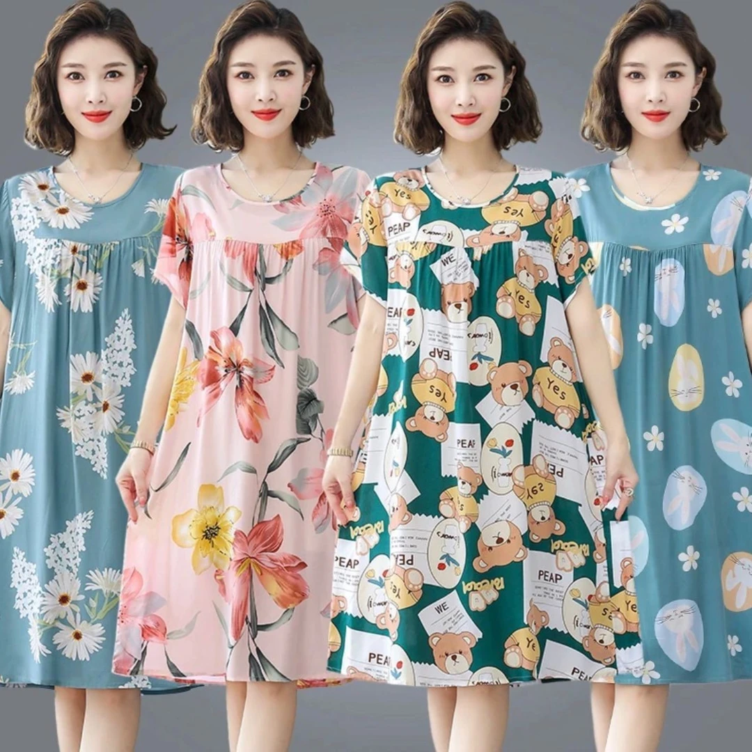棉绸睡裙女夏新款妈妈洋气中长款连衣裙中老年大码宽松家居服睡衣
