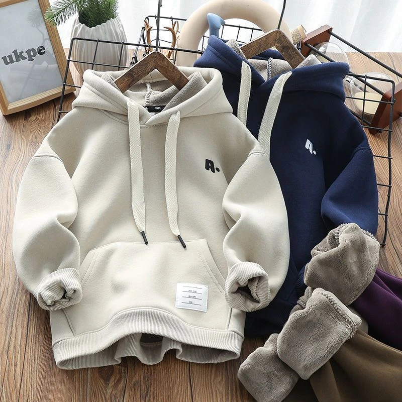 男童加绒加厚连帽卫衣儿童一体绒宽松帽衫冬季新款中大童上衣童装