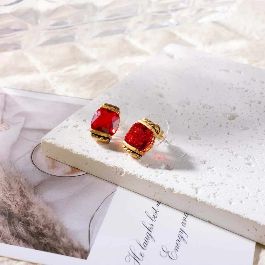 黄铜耳饰 【红豆】中古风Vintage S925银镀金法式复古典雅高贵