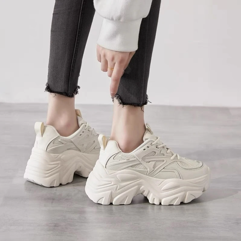 [跟高8cm]厚底内增高运动鞋新款牛皮老爹鞋网面透气女鞋子