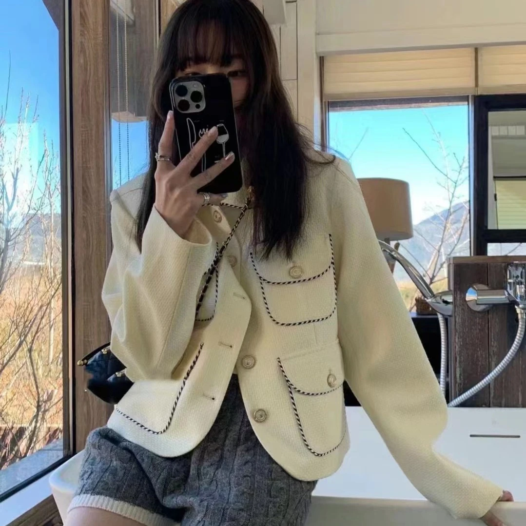013.撞色粗花呢小香风短外套女2023春款淑女风韩版别致上衣时尚