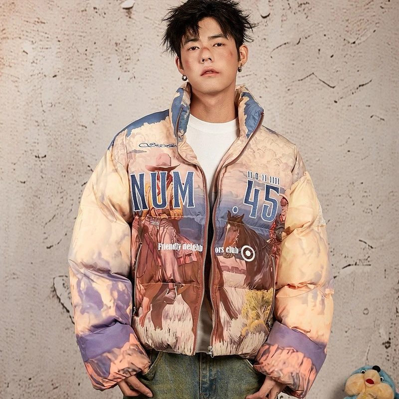 S45秋冬新款牛仔数码满印绗缝外套立领刺绣宽松加厚保暖面包棉服