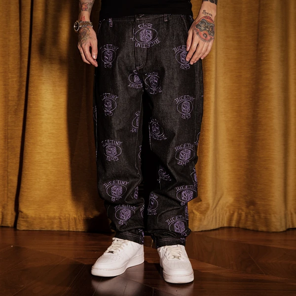 S45 x DICETINY联名 命运涅槃系列黑色满版刺绣牛仔裤直筒长裤男