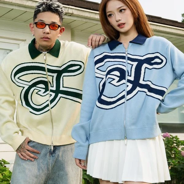 S45秋冬手写字母针织开衫新款Polo领双头拉链多色休闲外套情侣款