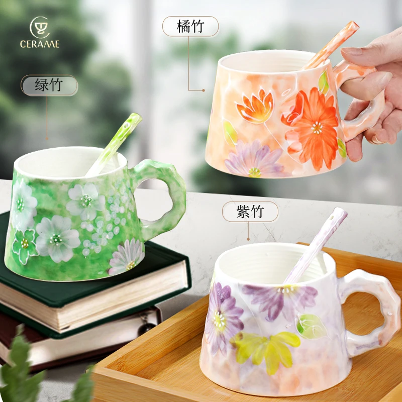 彩墁外贸手绘竹节杯勺高温釉下彩陶瓷咖啡杯早餐杯下午茶杯勺套装
