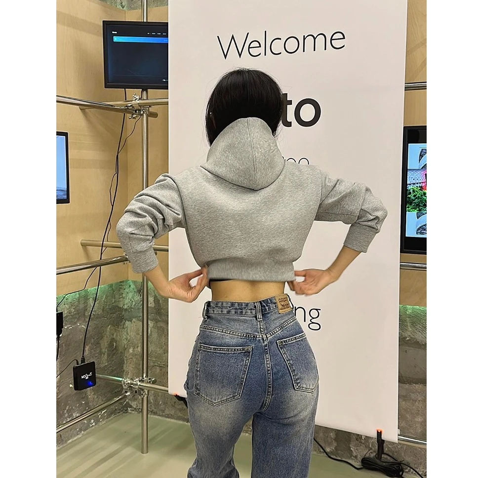 美式时尚百搭加绒连帽卫衣女秋季新款小个子宽松高腰气质短款上衣