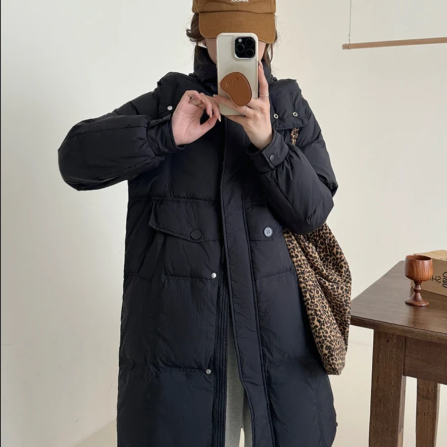 时尚鸭绒M扣羽绒服过膝加厚宽松冬季情侣款韩版羽绒外套中长款