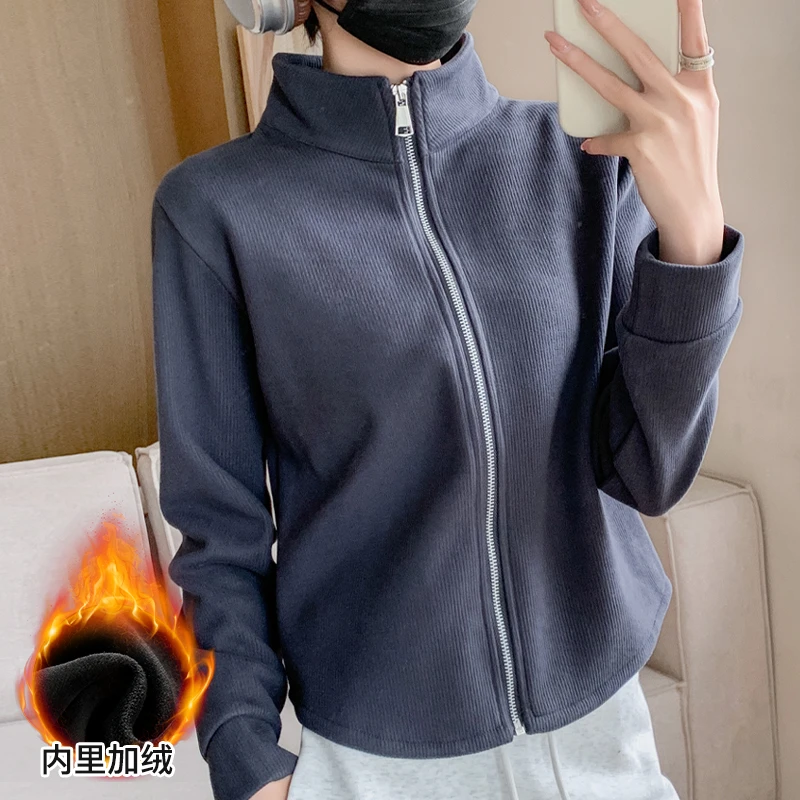 醉梓菡加绒立领外套女2025秋冬大码保暖修身显瘦长袖外穿防风上衣