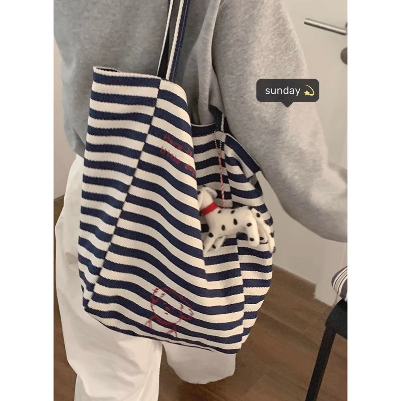 条纹帆布包包女春季2025新款潮韩国学院风字母托特包休闲大容量包