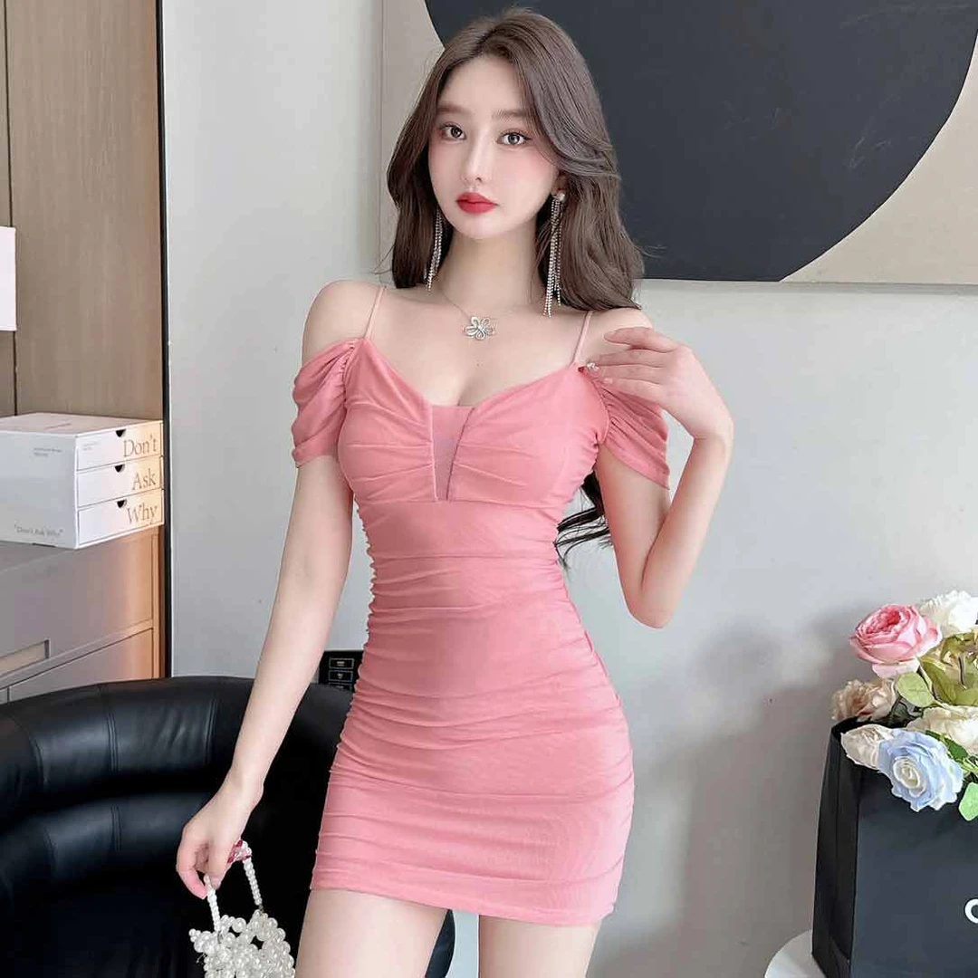 辣妹性感露肩网纱吊带连衣裙夜店女装纯欲风低胸显瘦修身包臀短裙