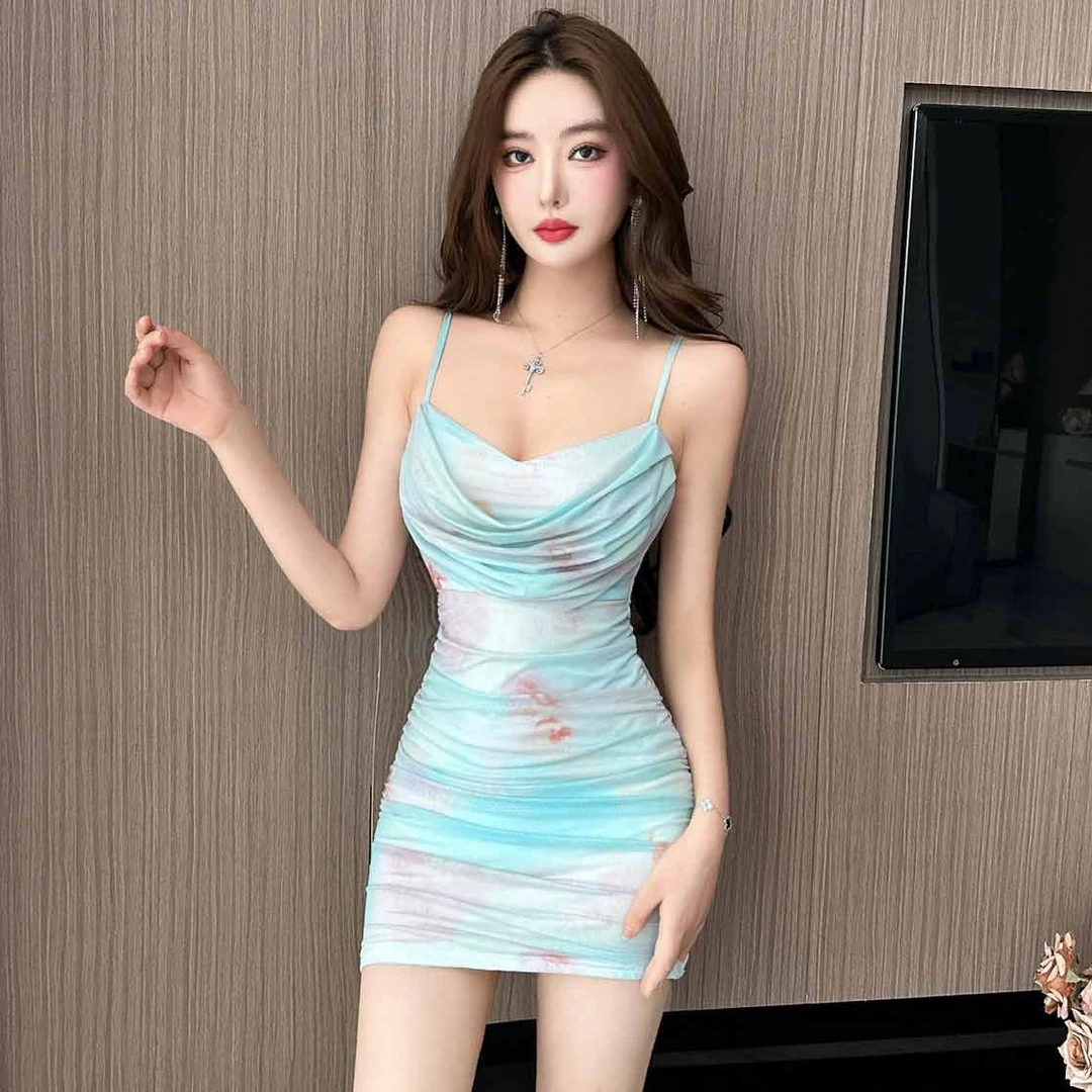 甜辣风性感网纱印花吊带连衣裙女气质显身材收腰紧身夜店包臀裙子