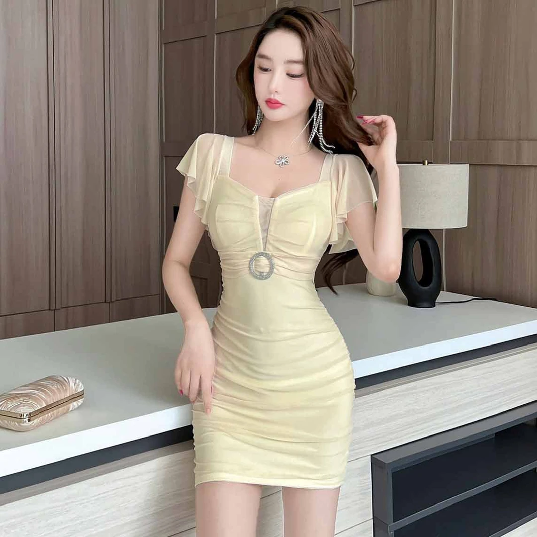 纯欲性感网纱低胸短袖连衣裙女气质显瘦辣妹紧身收腰夜场包臀短裙