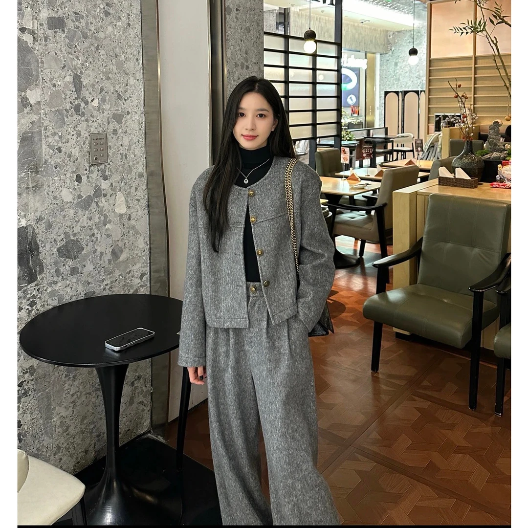 秋冬新款大码套装小香风毛呢外套阔腿裤高级感时尚套装两件套