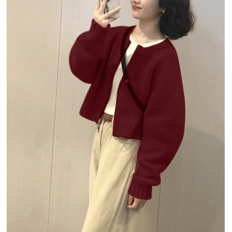 红色短款拉链外穿毛衣外套女秋冬冬季复古宽松慵懒风针织开衫加厚