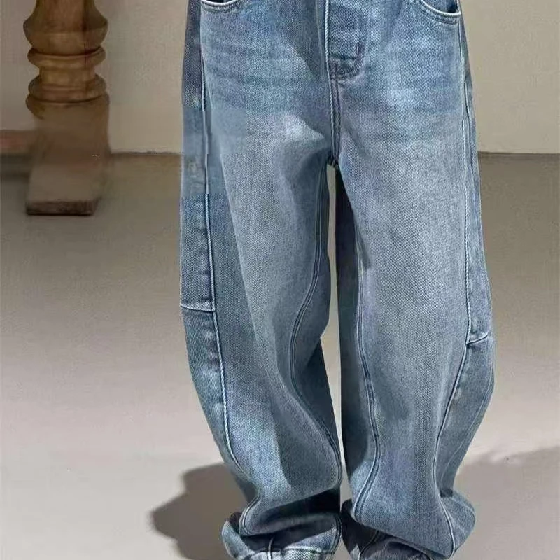 8338韩版2024冬季儿童时尚潮流百搭休闲个性蓝色一体绒牛仔裤