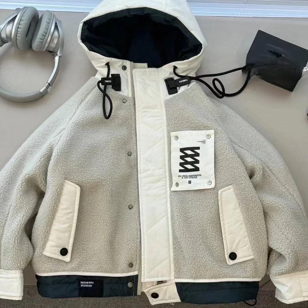 8155韩版2024冬季儿童时尚潮流百搭休闲米灰/深灰工装毛毛外套