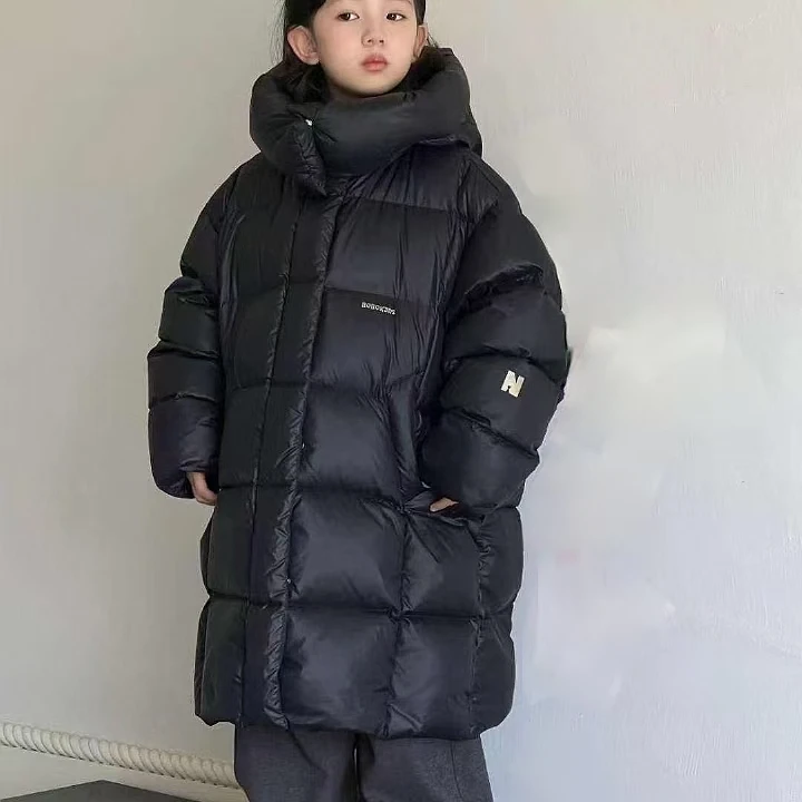 8263韩版2024冬季儿童时尚潮流百搭休闲个性黑色压层长款羽绒服
