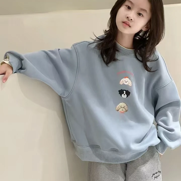 8326韩版2024冬季儿童时尚潮流百搭雾霾蓝/粉色一体绒假两件卫衣