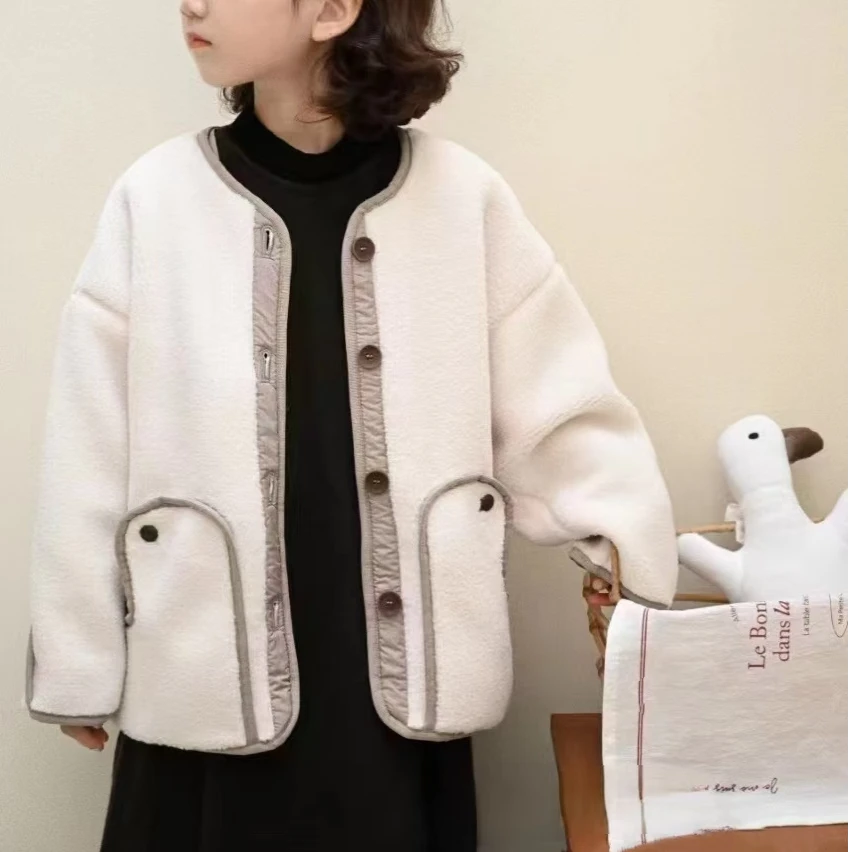8170韩版2024冬季儿童时尚潮流百搭休闲个性米白色双面穿毛毛外套