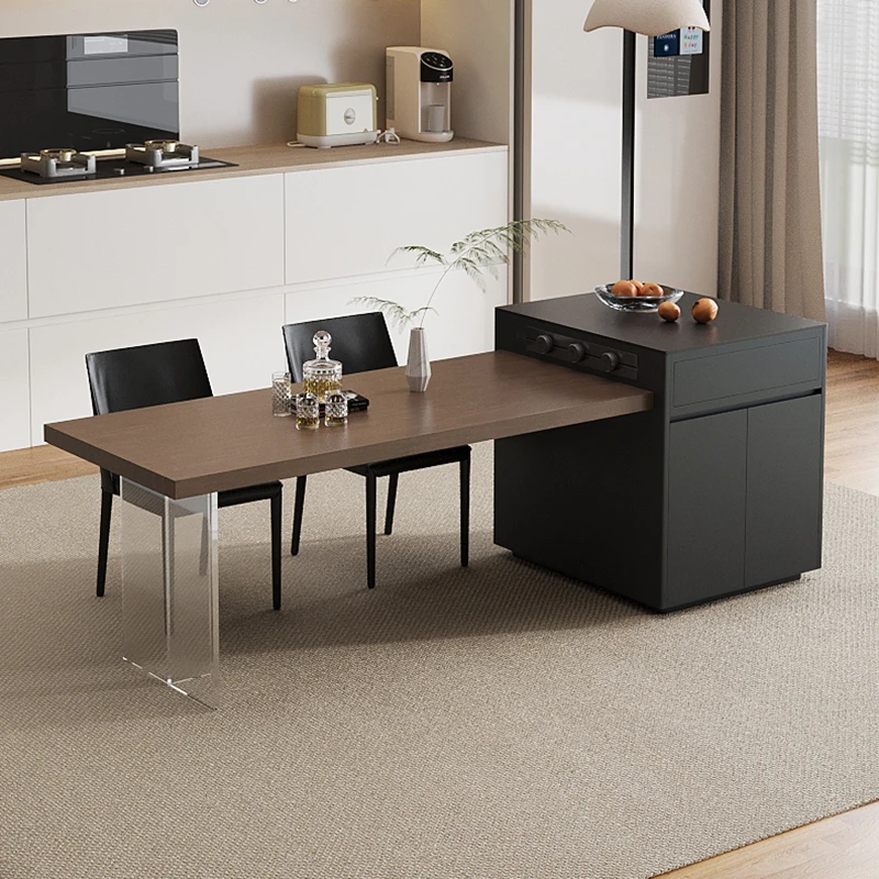 岛台餐桌一体可伸缩小户型胡桃色多功能带拉蓝中岛岩板饭桌家用