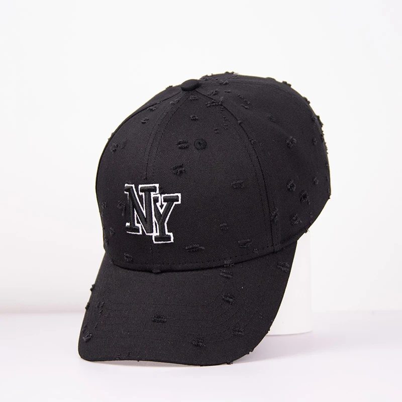 新款水洗破洞棒球帽女字母ny帽子个性硬顶韩版复古百搭鸭舌帽情侣