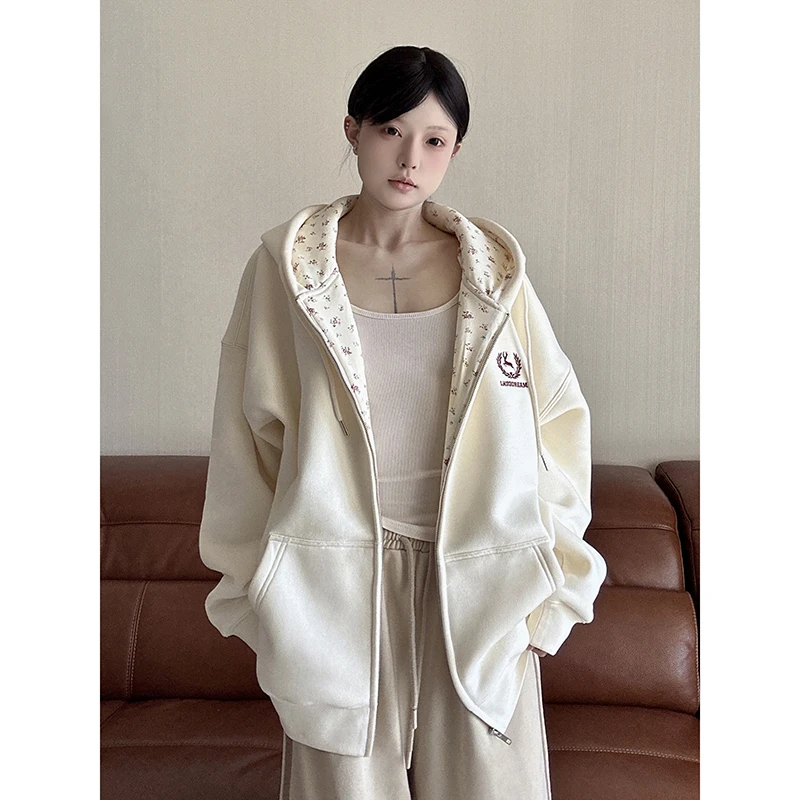 LKOD2024碎花连帽卫衣情侣男女刺绣字母外套潮帽衫拼接