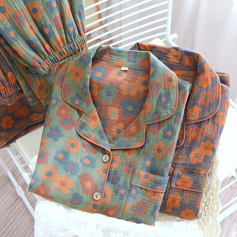 纯棉睡衣女长袖色织提花全棉精梳棉纱复古春秋薄款女士家居服套装