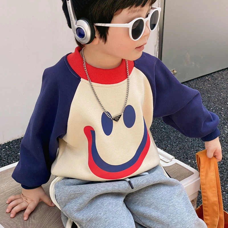 男童加绒卫衣冬装宝宝韩版笑脸衣服男孩衫酷帅儿童一体上衣童装