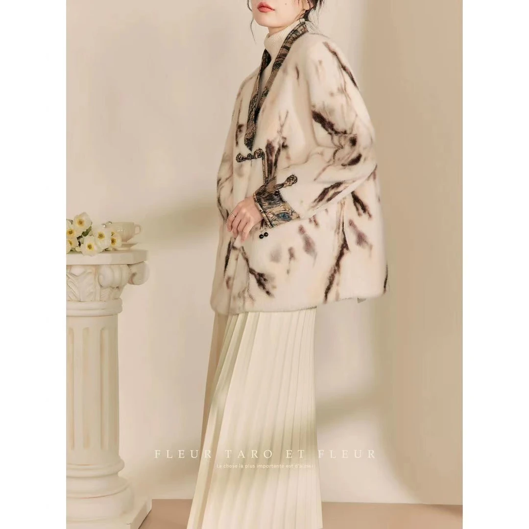 秋冬新款水墨扎染复古轻奢女士短款外套小香风V领设计1215