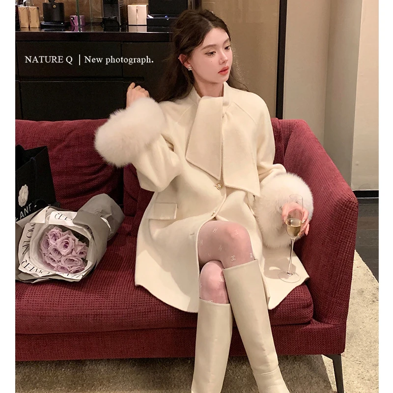 【24171】可拆卸毛毛袖围巾中长款毛呢外套女