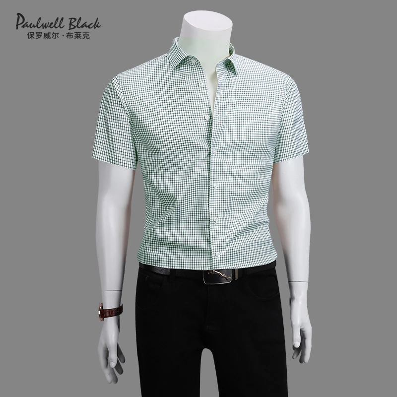 保罗纯棉免烫格子衬衫男短袖夏季高级感男装爆款商务高档男士衬衣