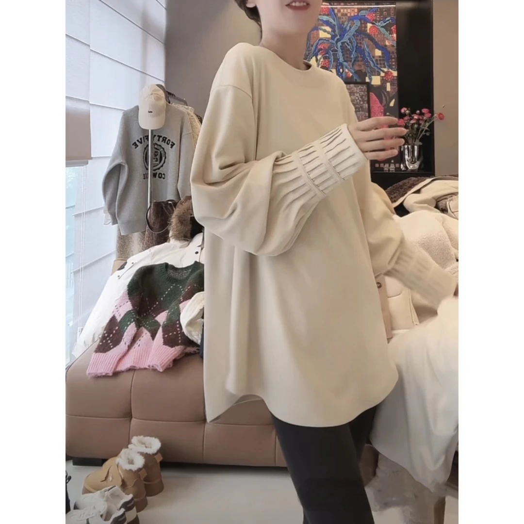 秋冬新款宽松袖口设计长袖T恤女中长款时尚高级显瘦双面绒上衣