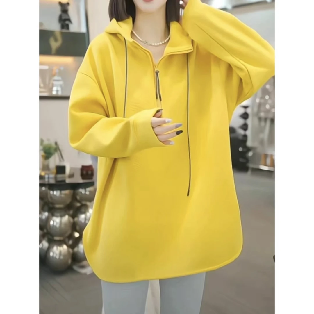 冬季新款时尚加绒连帽卫衣女高级感休闲百搭宽松显瘦中长款上衣