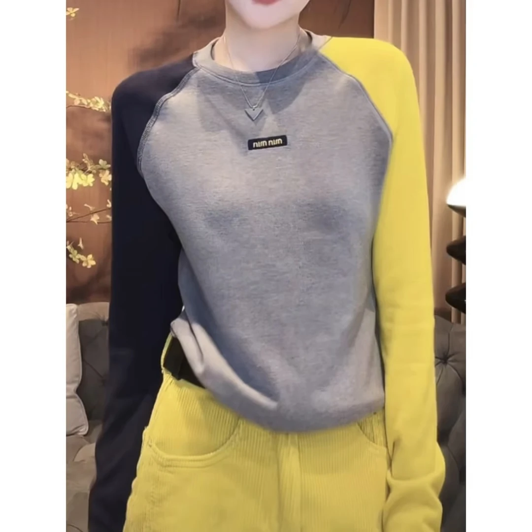 设计感三色明线插肩袖圆领T恤女时尚休闲2024新款潮流秋冬打底衫