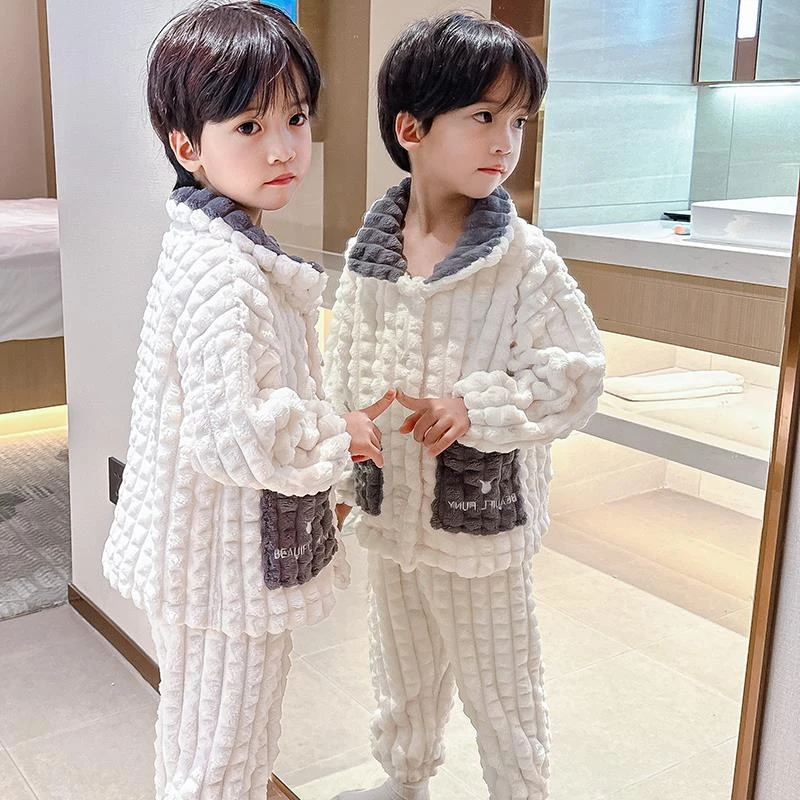 FAVMARTHA儿童睡衣秋冬法兰绒珊瑚男童男孩中大童冬季加绒加厚款