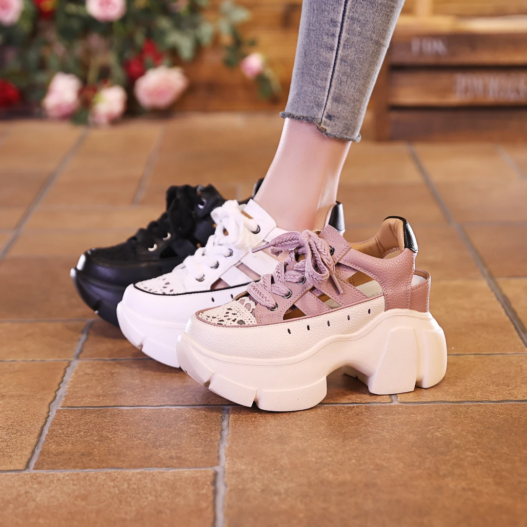 尚卡芙百搭春夏透气镂空休闲时尚厚底系带百搭低帮女单鞋777-35