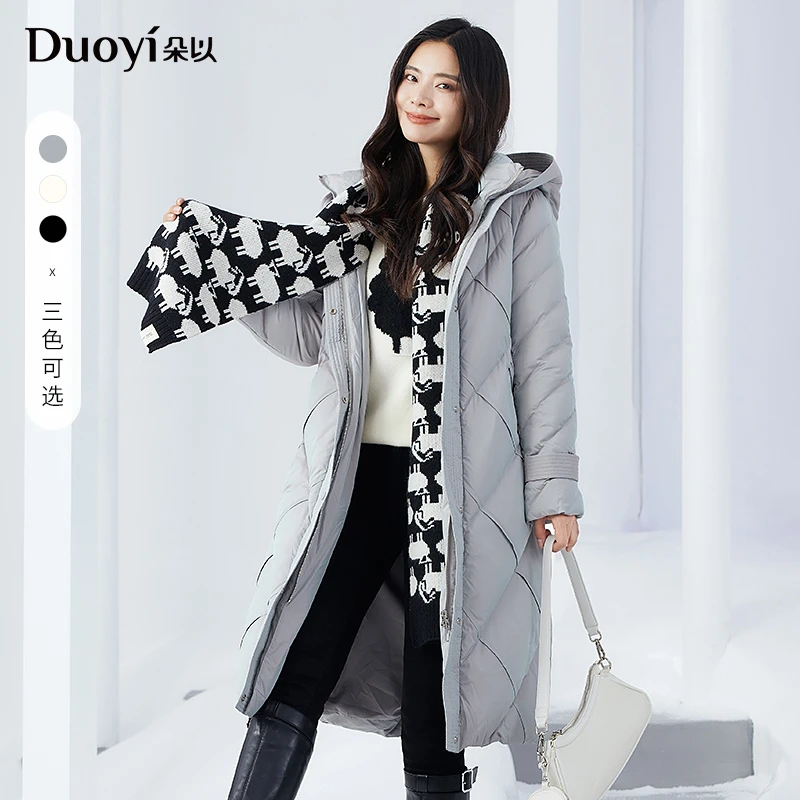 朵以2023冬连帽中长款羽绒服保暖白鸭绒羽绒服37DD935077