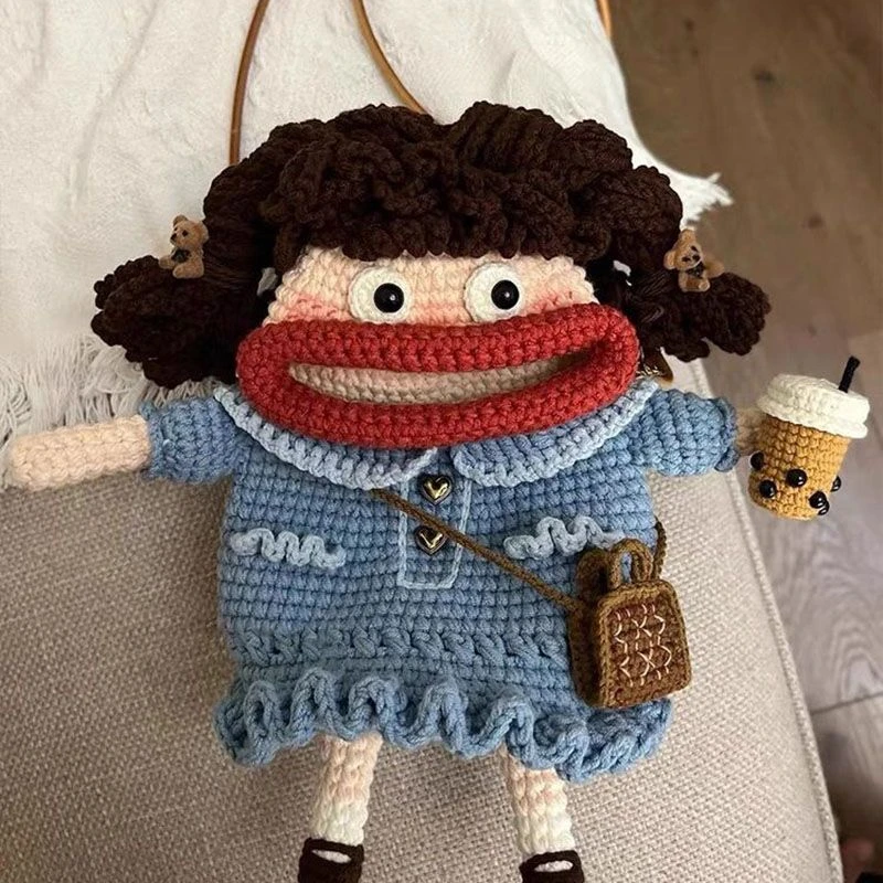棒棒糖甜妹香肠嘴手机包手工diy钩针可爱毛线丑萌玩偶diy手工包包