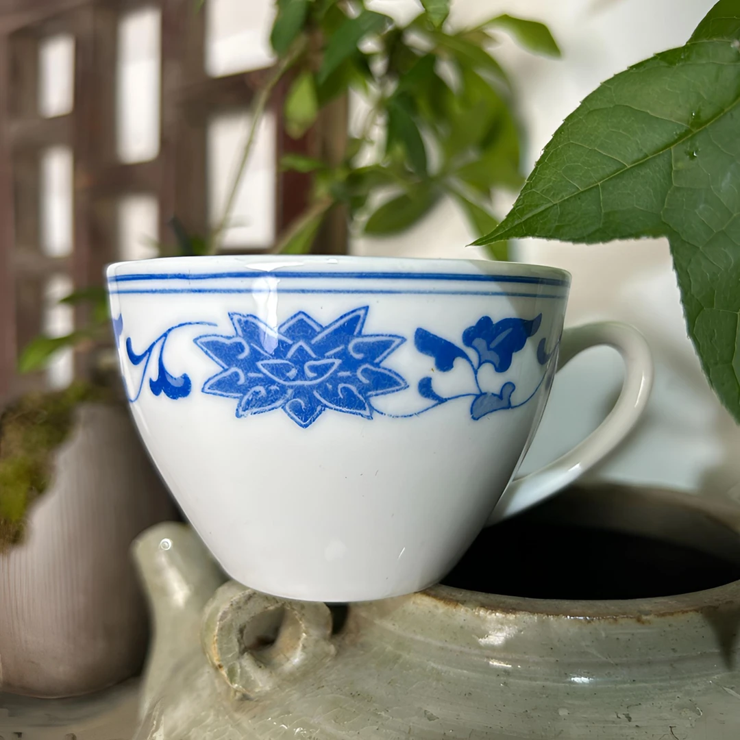 九十年代老库存群力釉下彩强化瓷茶杯 2个装带把茶杯酒杯 微瑕疵