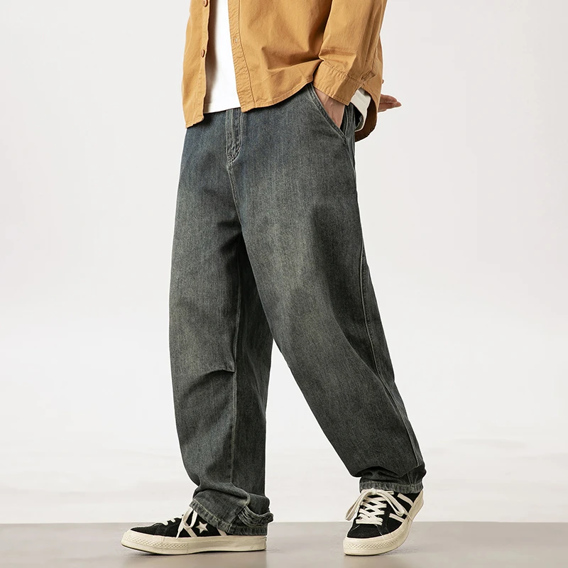 国潮轻工装水洗做旧拖地男牛仔裤复古怀旧潮流直筒休闲长裤百搭